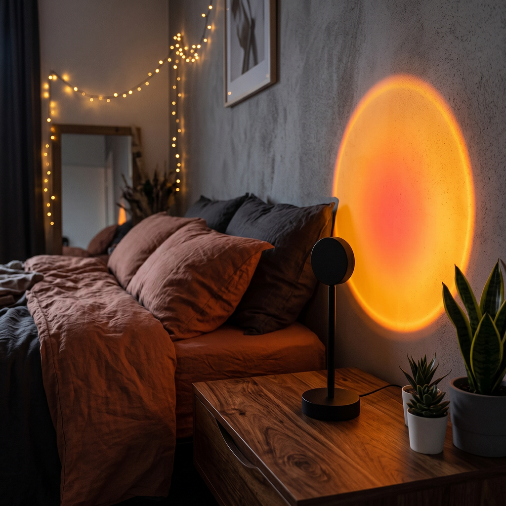 Sunset projection lamp on a nightstand in a cozy bedroom with fairy lights and warm orange wall projection