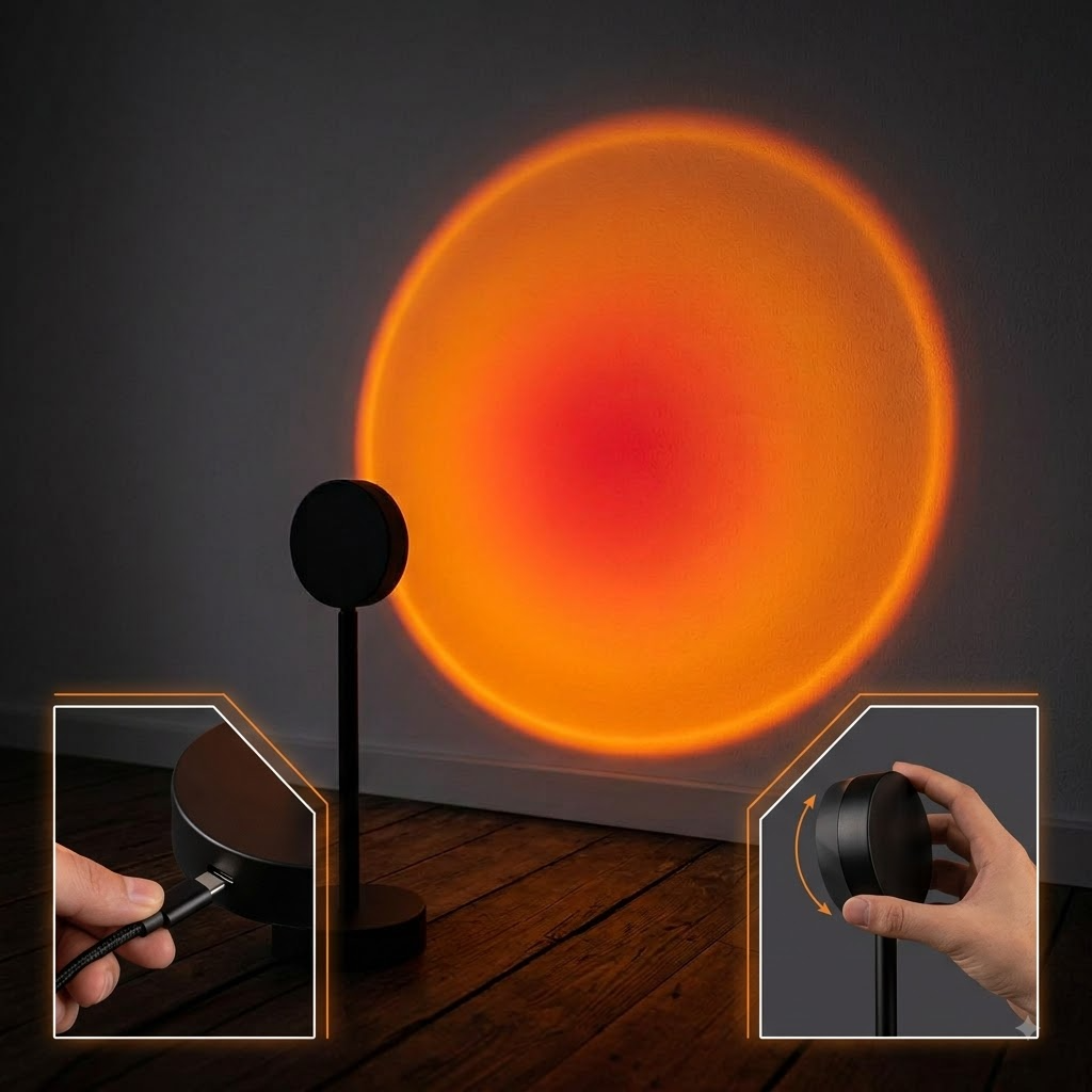 Sunset projection lamp feature showcase showing USB charging port and 360-degree rotating head with vivid orange sunset projection